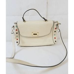 Persaman Women's White Leather Multi-Color Beaded Inner Pockets Crossbody Strap